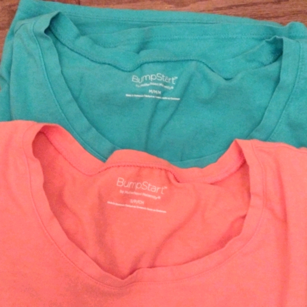 Aqua and coral maternity shirt.